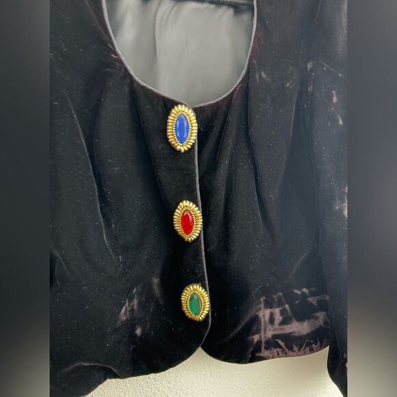 Vintage black velvet Multicolor Jewels Embellished Button Closure Cropped Jacket - Picture 6 of 9